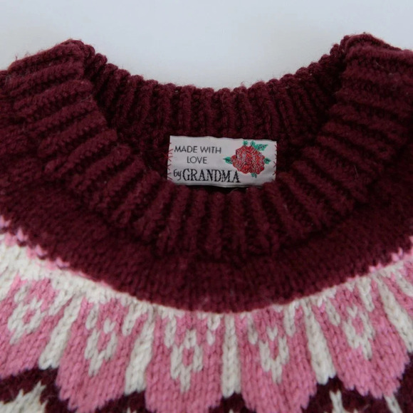 Vintage Handmade Grandma Cream Knit Pink Fair Isle Icelandic Fisherman Sweater M - Picture 13 of 13